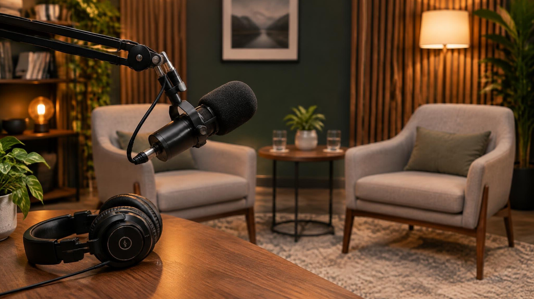 Studio microphone with headphones in an interview room