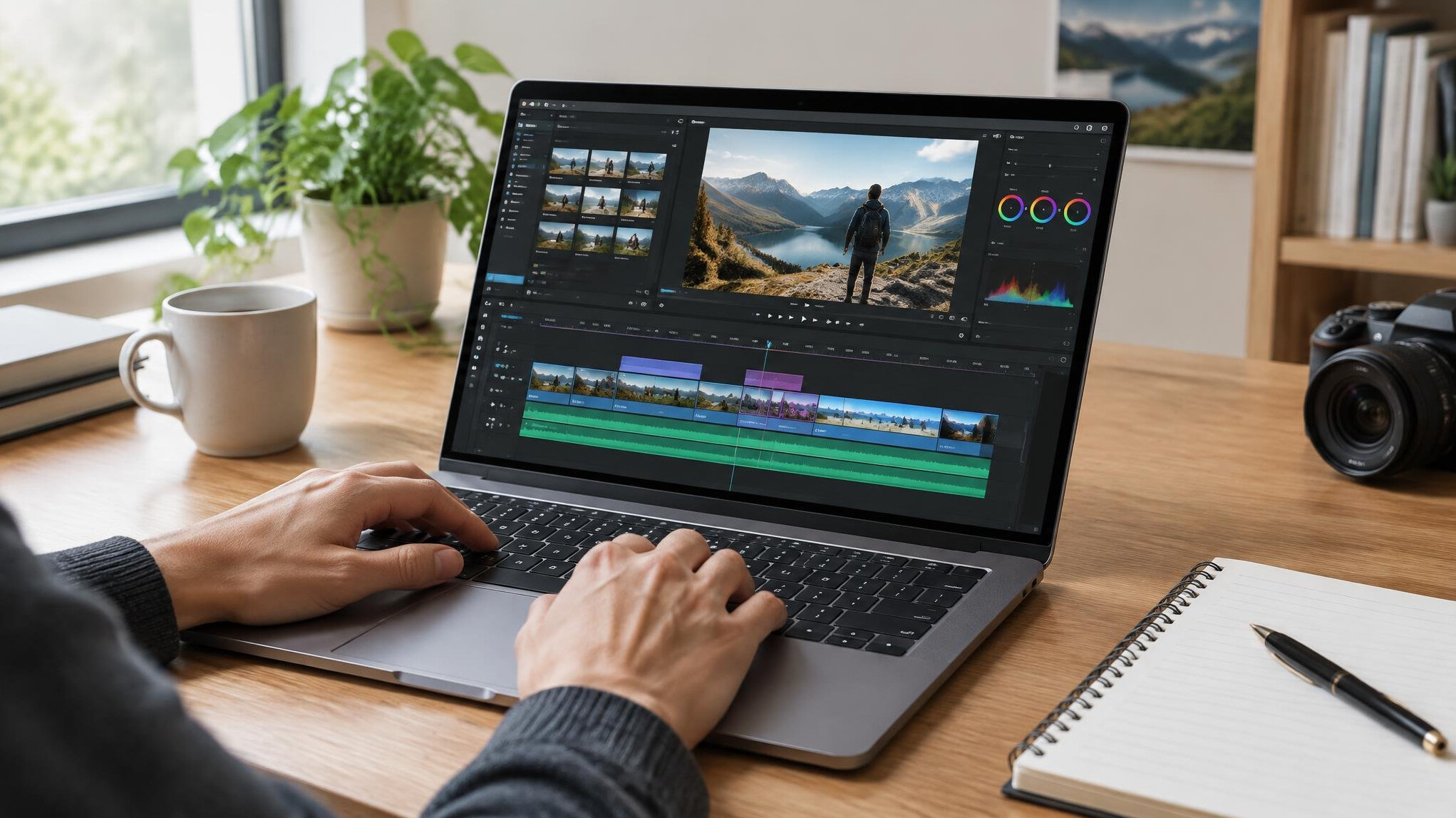 Hands typing on a laptop on a desk while editing video