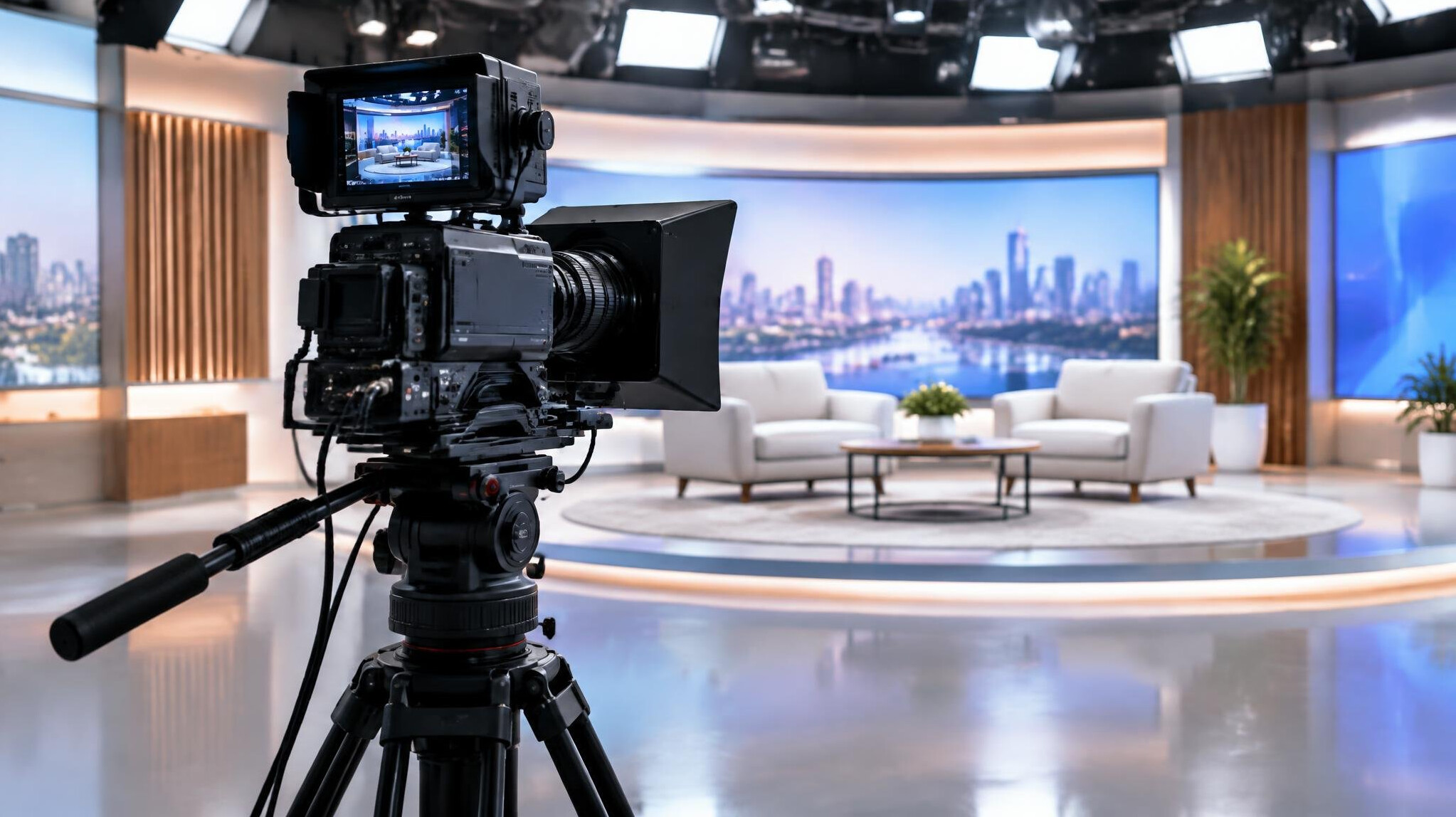 Professional cinema camera on a tripod in a softly lit studio