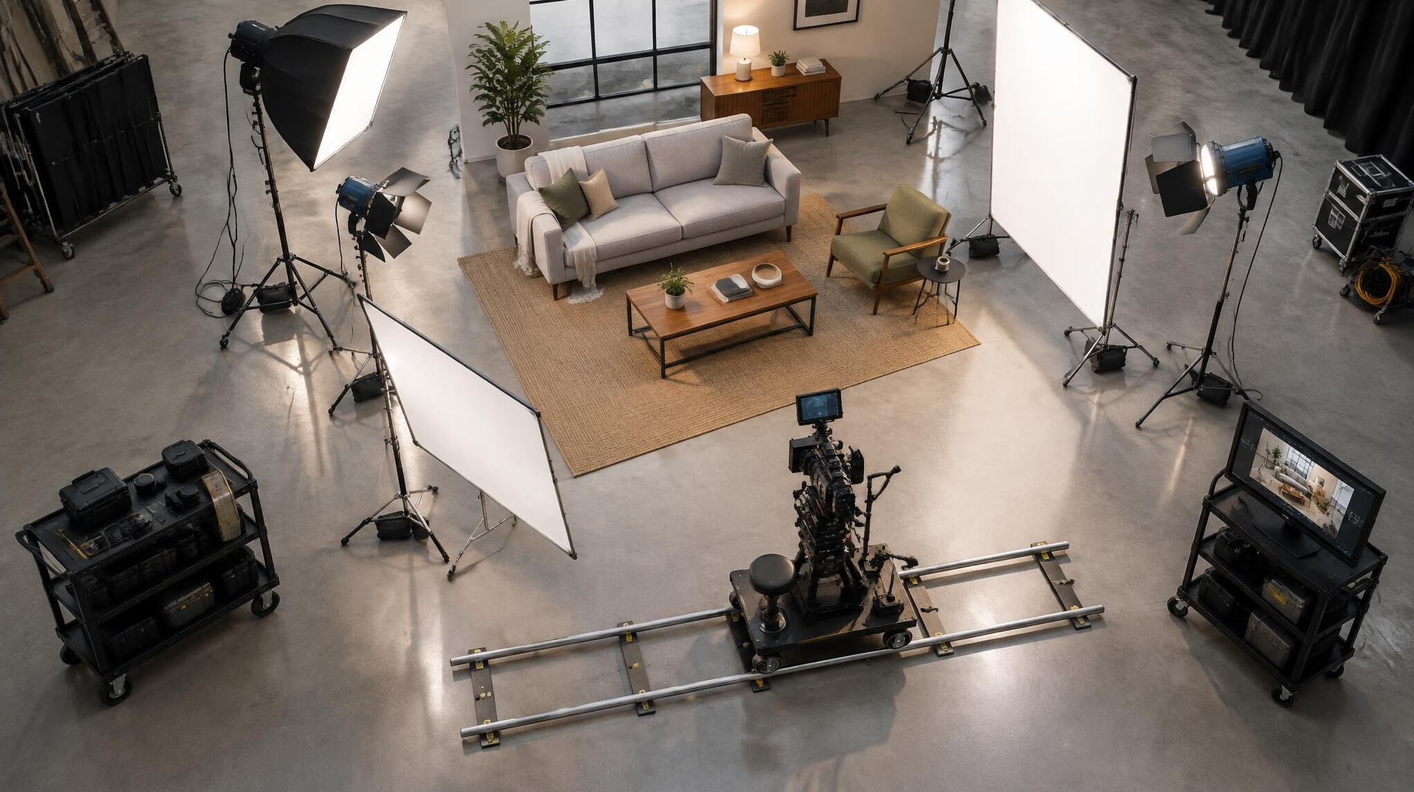 Film set with lights and camera equipment