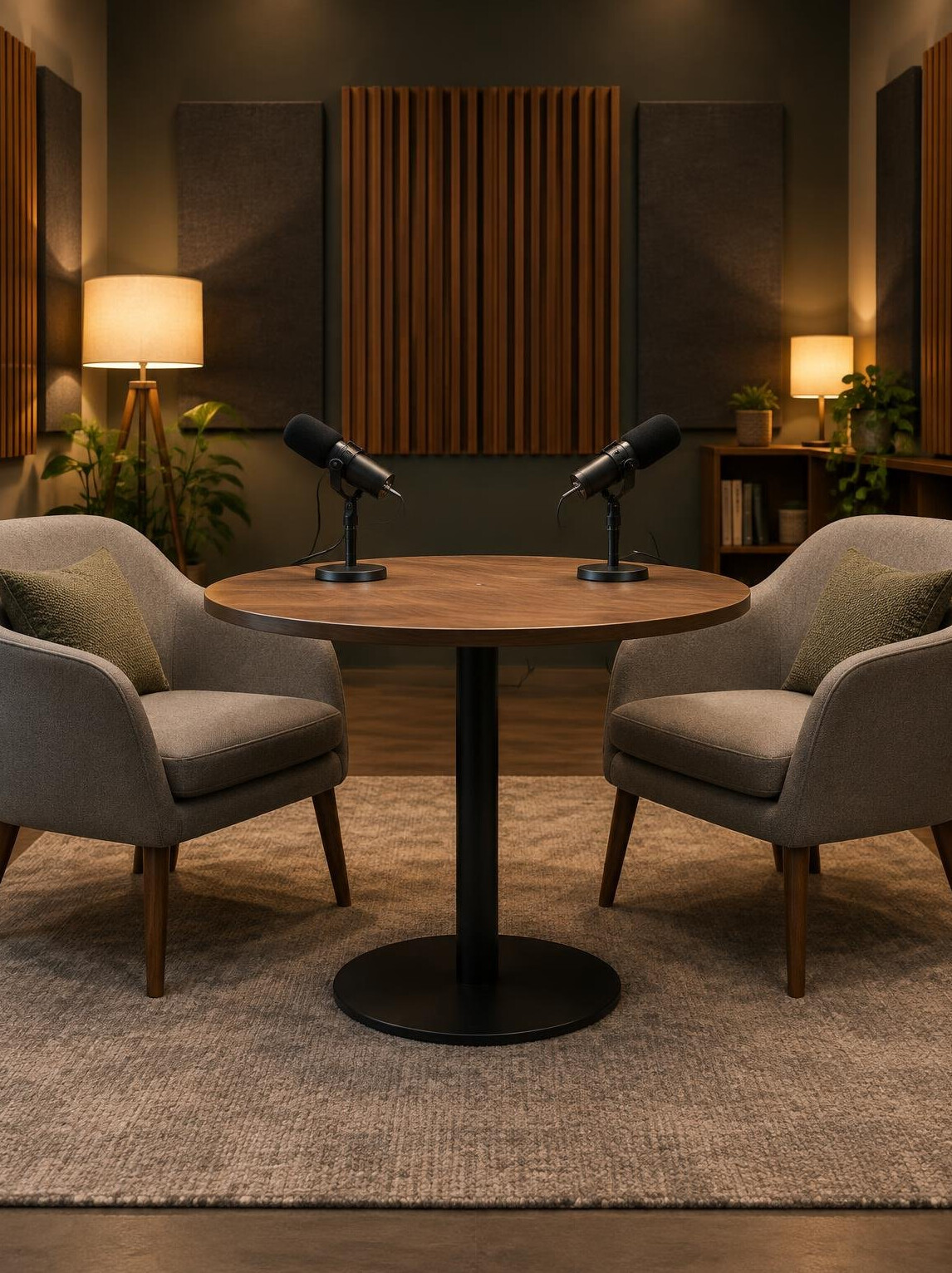 Empty podcast studio with microphones and acoustic panels