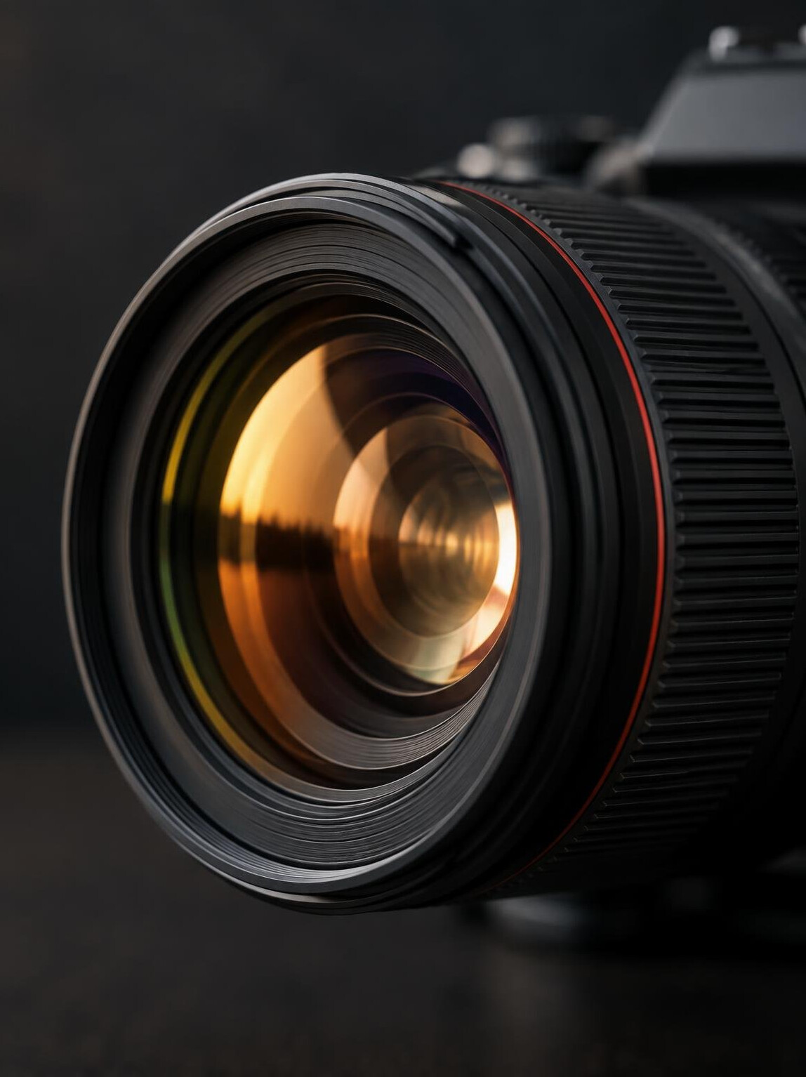Close up of a camera lens with warm reflections